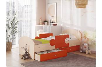 Кровать Мозаика с бортиками и ящиком млечный дуб с оранжевым
