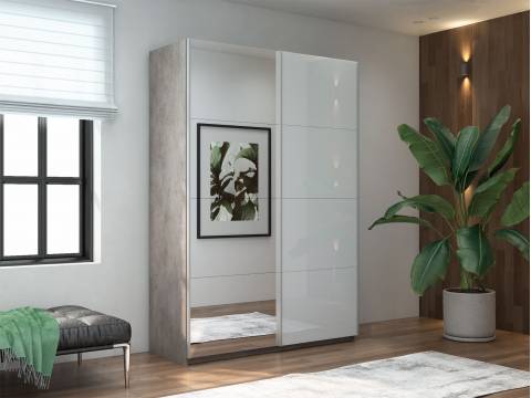 Шкаф-купе Прайм 2-х дверный 1600 Зеркало/Стекло Белое Бетон