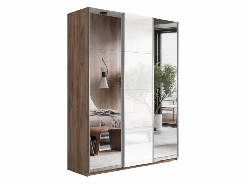 Шкаф-купе Прайм 3-х дверный 2100 Зеркало/Стекло Белое/Зеркало Крафт табачный